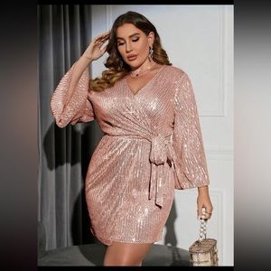 Plus Surplice Neck Belted Sequin Dress